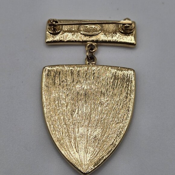 VTG Brooch 80s Gold Tone Black Cream Enamel Trifari Signed Stmt Shield Pin - Picture 6 of 10